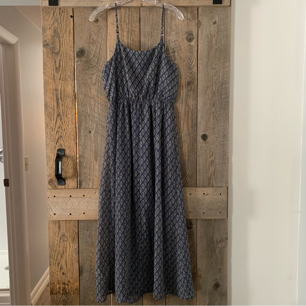 Women’s L FOREVER 21 Navy Blue Maxi Dress Tan Geometric Diamond Print EXC